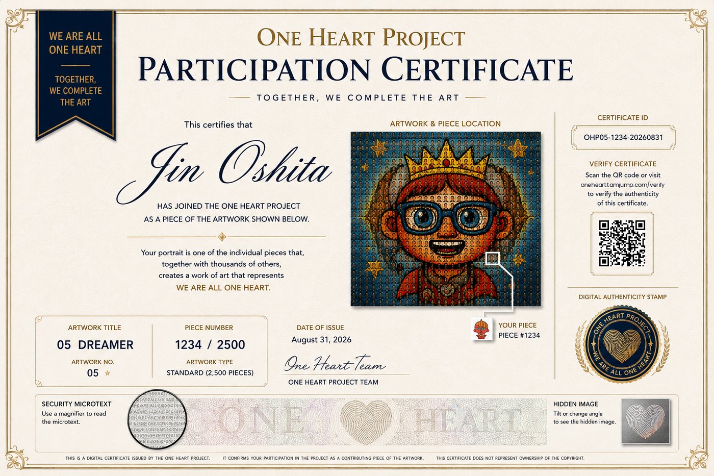 ONE HEART participation certificate